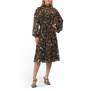 Mikael Aghal Floral Mock Neck‎ Dress Long Sleeve Knee Length Black Multi Size 12